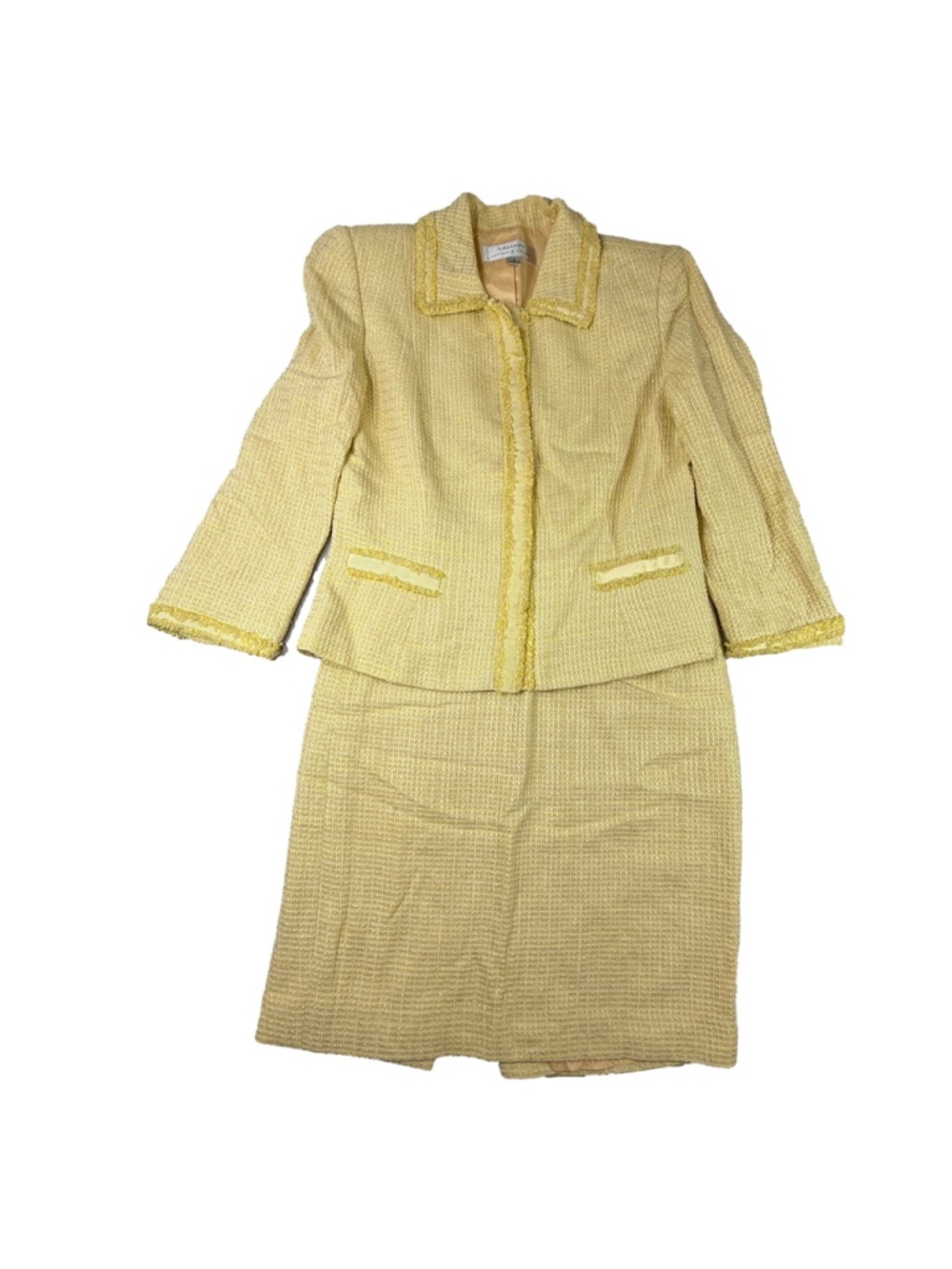 Tahari Arthur S Levine Yellow Tweed Skirt Suit Size 8 Fringe Trim 2 Piece - Picture 2 of 15